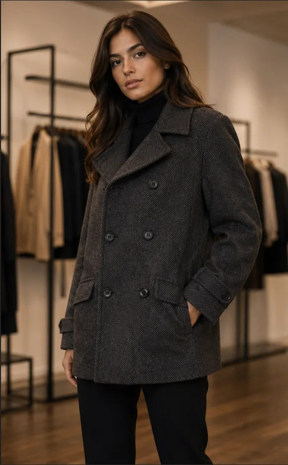 Model Front view of Primark Charcoal Heather Double-Breasted Pea Coat