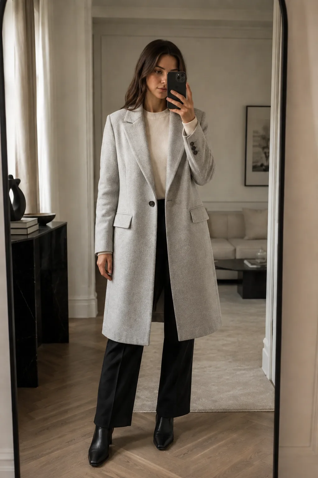 Model wearing a Primark women's light heather grey tailored wool-blend coat with structured shoulders and an above-knee silhouette from OXFITTER Pakistan.