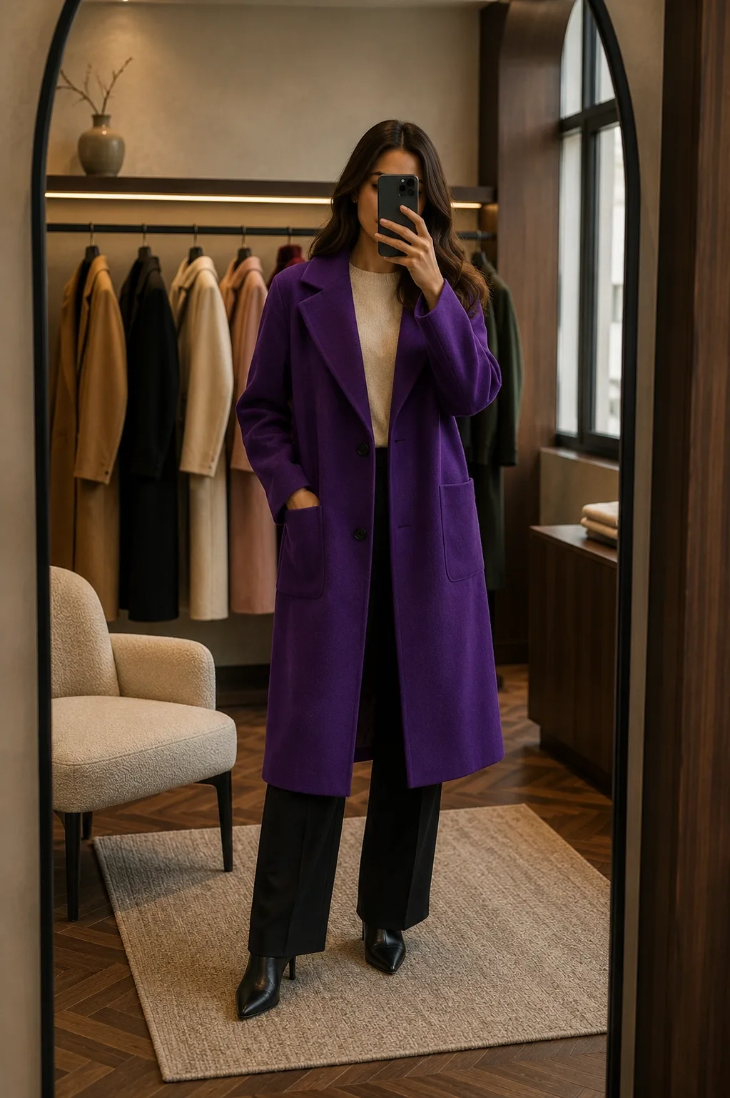 Model wearing the royal purple Primark long overcoat