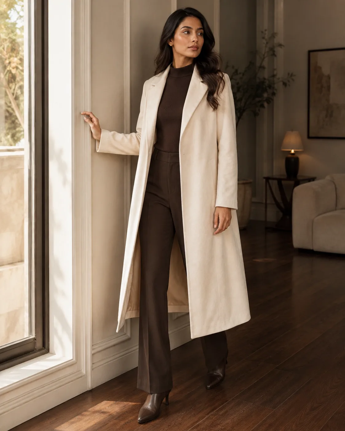 ZARA ivory cream suede-touch open-front long coat — model