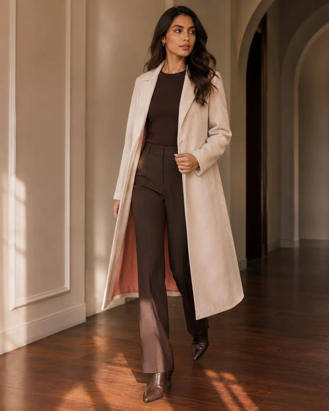 ZARA blush beige suede-touch open-front long coat — model