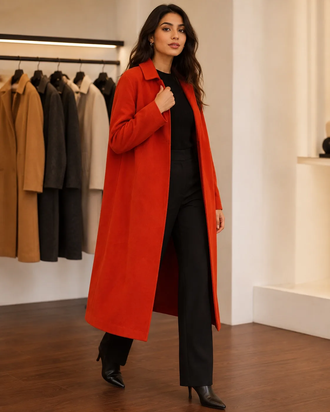 ZARA vermilion suede-touch open-front long coat — model