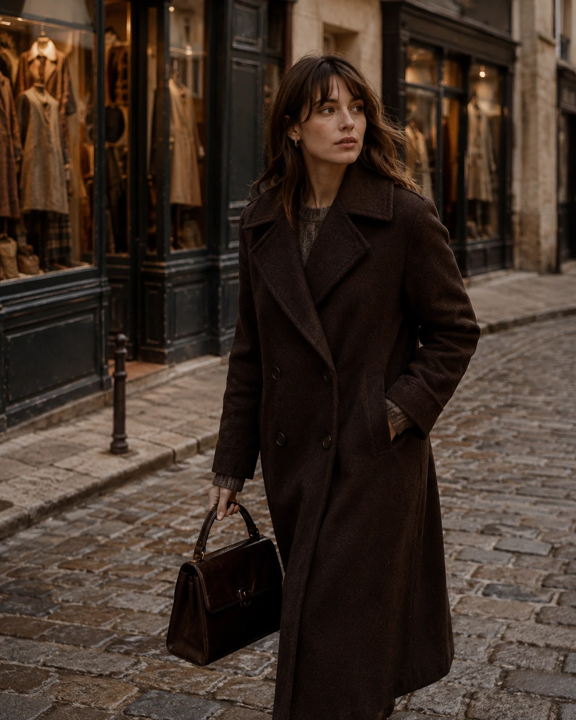 Woman in a deep espresso overcoat — Oxfitter Archive Finds