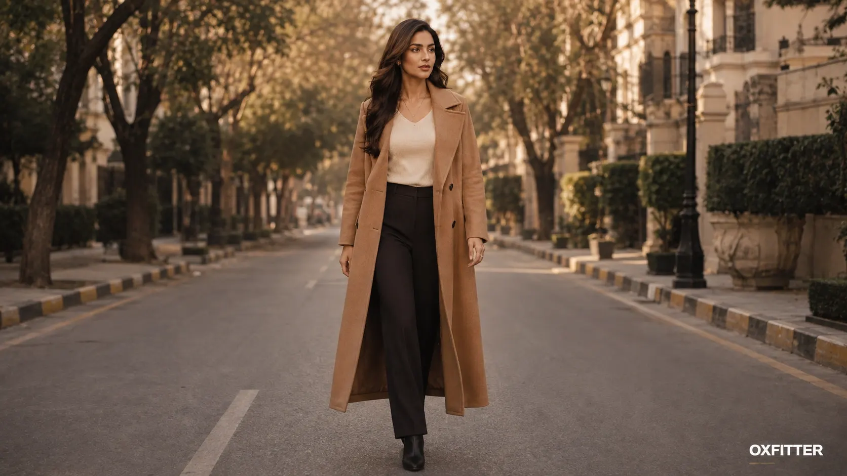 Pakistani woman styling a camel long coat on a winter day in Lahore