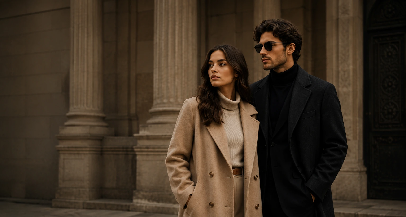 Couple in premium OXFITTER outerwear against classical architecture