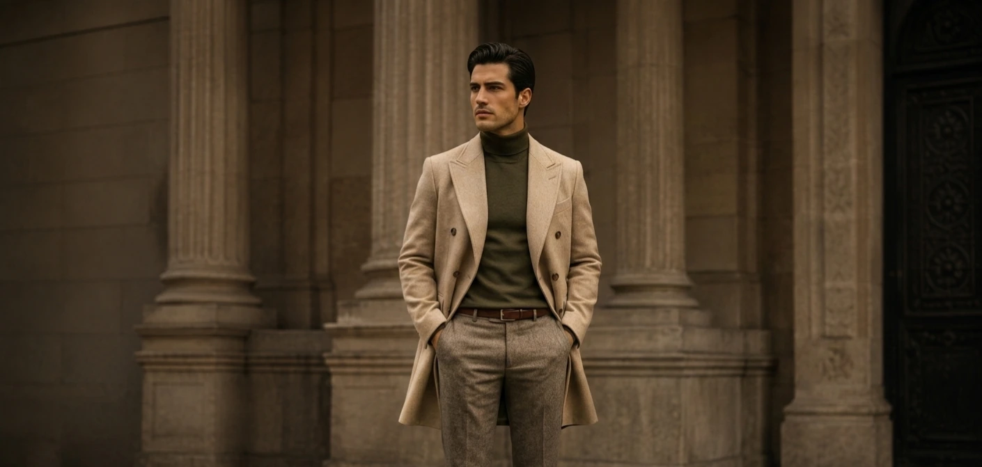Man in beige overcoat and olive turtleneck — OXFITTER editorial