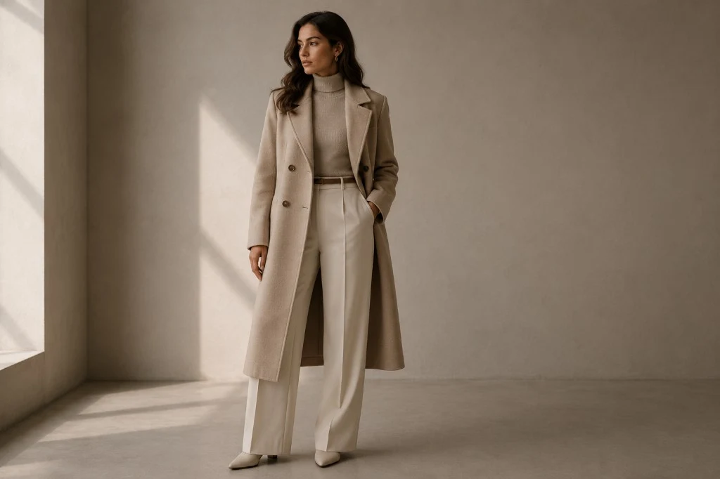 Woman in camel wool coat — OXFITTER editorial portrait
